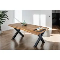 Casa Massiva Esstisch 160 x 85 cm Tomaso, Baumkantentisch naturfarben, Akazienholz massiv, X-Gestell aus Metall Schwarz, echte Baumkante