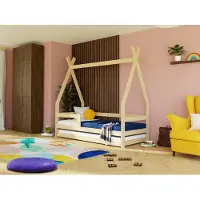 Benlemi Kinderholzbett SAFE 5-in-1 in Tipi-Form mit Barriere und Ausziehbett 90x190 cm Weiß, Mit zwei Barrieren