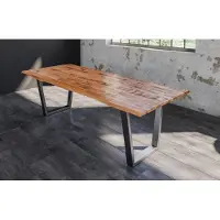 Casa Massiva Esstisch Dora 180 x 90 cm, Mangoholz massiv, lackiert & naturfarben, Baumkantentisch mit V-Metallgestell in Silber, echte Baumkante, 26 mm
