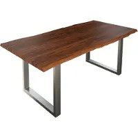 Casa Massiva Esszimmertisch 200x100 cm Lauren, Baumkantentisch aus Akazienholz, massiv + nougatfarben, U-Metallgestell Silber, Esstisch mit echter Baumkante