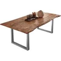 Casa Massiva Esstisch 180 x 90 cm Norina, Mangoholz massiv, lackiert & naturfarben, Baumkantentisch mit U-Metallgestell in Silber, echte Baumkante