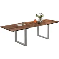 Casa Massiva Baumkantentisch 140 (220) x 90 cm Adina, Akazienholz nussbaumfarben & massiv, Esszimmertisch mit 2 Ansteckplatten, Silbernes U-Metallgestell, Platte 26mm