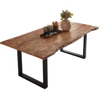 Casa Massiva Esstisch Dora 220 x 100 cm, Mangoholz massiv, lackiert & naturfarben, Baumkantentisch mit U-Metallgestell in Mattschwarz, echte Baumkante, 26 mm