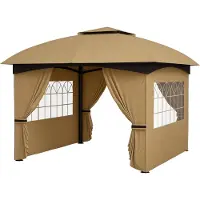 Slyrun 3,4x3,4m Gartenpavillon Bierzelt mit Lüftungsdach, Bogenfenstern & Stahlgestell | Beige | Outdoor-Gartenzelt
