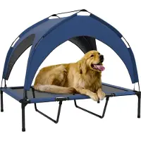 PawHut Erhöhtes Hundebett mit Baldachin, Haustierbett, Outdoor Hundeliege mit Dach, Atmungsaktiv, für große Hunde Dunkelblau Oxford 106 x 76 x 94 cm