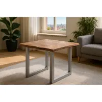 Casa Massiva Esszimmertisch 80x80 cm Laurina, Baumkantentisch aus Akazienholz, massiv + stonefarben, U-Metallgestell Silber, Esstisch mit echter Baumkante