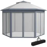 Welikera Faltpavillon 4 x 4m, Sechseck-Design, Netzvorhänge, wasserabweisend, Lüftungsdach, Grau+Weiß