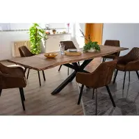 Casa Massiva Baumkantentisch 180 (280) x 90 cm Janosh, Akazienholz massiv & nougatfarben, Esstisch inkl. 2 Ansteckplatten 50 x 90 cm, echte Baumkante, Spider-Metallgestell in Schwarz