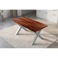Casa Massiva Baumkantentisch 160 x 85 cm Polly, Epoxidharz-Adern in Schwarz, Akazienholz massiv + nussbaumfarben, Esstisch mit X-Eisengestell Silber, Tischplatte 26 mm, Esszimmertisch mit echter Baumkante