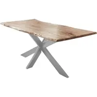 Casa Massiva Esstisch 180x90cm Salerno, Akazienholz naturfarben + massiv + lackiert, echte Baumkante, Baumkantentisch, Spider-Metallgestell Silber, Esszimmertisch, Tischplatte 35mm