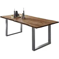 Casa Massiva Esszimmertisch 180x90 cm ULM, Baumkantentisch nussbaumfarben, Akazienholz massiv, U-Gestell aus Metall Silber