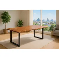Casa Massiva Esszimmertisch 200x100 cm Laurina, Baumkantentisch aus Akazienholz, massiv + nougatfarben, U-Metallgestell Schwarz, Esstisch mit echter Baumkante