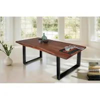 Casa Massiva Esstisch 140 x 80 cm Tomaso, Baumkantentisch nussbaumfarben, Akazienholz massiv, U-Gestell aus Metall Schwarz, echte Baumkante
