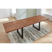 Casa Massiva Baumkantentisch 160 (260) x 90 cm Norino, Akazienholz massiv & nougatfarben lackiert, Esszimmertisch inkl. 2 Ansteckplatten, echte Baumkante, Esstisch mit U-Metallgestell in Schwarz