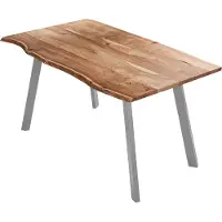 Casa Massiva Esszimmertisch 120x80 cm Laxmi, echte Baumkante, naturfarben, massiver Esstisch aus Akazienholz, Baumkantentisch mit Vier Metallbeinen Silber