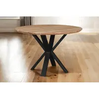 Casa Massiva Runder Esstisch 120 cm Kimberly, Akazienholz naturfarben + massiv, Esszimmertisch mit Schweizer Kante, Spider-Gestell Metall Schwarz, pflegeleichter Holztisch