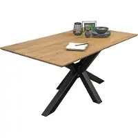 Casa Massiva Esstisch 140x80 cm Abby, Akazienholz massiv + naturfarben, Esszimmertisch mit Schweizer Kante, Spider-Metallgestell Schwarz, massiver Holztisch, Tischplatte 26mm