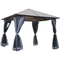 Novzep Pavillon mit Polycarbonatdach, Vorhänge mit Fliegennetz, Alugestell, dunkelgrau, 3 x 3 m