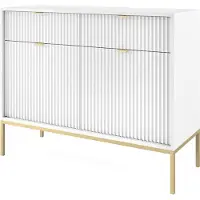 Bettso Geriffelt Kommode 2 Türen und 2 Schubladen Goldgriffe Glamour NOVA Weiß auf Goldbeinen