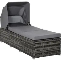 Welikera Sonnenliege aus Polyrattan mit Sonnendach Gartenliege verstellbar Rattanliege Gartenmöbel Liege mit Kissen Grau 195 x 65 x 40 cm
