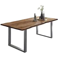 Casa Massiva Baumkantentisch 200x100 cm Mephisto, Akazienholz massiv + naturfarben lackiert, Esstisch mit Silber lackiertem U-Gestell, Esszimmertisch/Holztisch, Tischplatte 26 mm