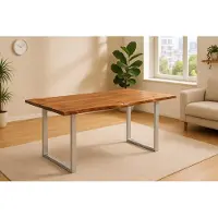 Casa Massiva Esszimmertisch 140x80 cm Laurina, Baumkantentisch aus Akazienholz, massiv + nougatfarben, U-Metallgestell Silber, Esstisch mit echter Baumkante