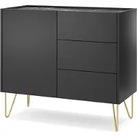 Bettso Kommode Harmony Graphit Schwarz mit goldenen Metallbeinen und Marmoroptik – 97x83x37 cm