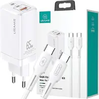 Usams Ład. Siec. Mt 2Xusb-C+Usb Gan 65W T33 Pd + Kabel Usb-C-Usb-C 100W Schnellladung Biały/Weiß Mtxlogtc02