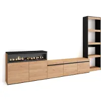 Skraut Home Wohnwand Wohnzimmer, 310x35x186cm, Für TV-Geräte bis zu 65", Elektrokamin, Eiche und Schwarz