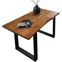 Casa Massiva Esstisch Esra 140 x 80 cm, Akazienholz massiv, cognacfarben, Baumkantentisch mit Metallgestell in schwarz, Esszimmertisch mit Baumkantenplatte 26 mm, echte Baumkante
