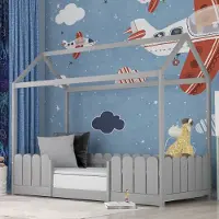Sweiko Kinderbett Einzelbett mit Lattenrost und Rausfallschutz Hausbett für Jungen und Mädchen Massivholzbett 90x200 cm Grau (ohne Matratze)