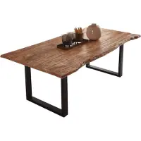 Casa Massiva Esstisch 220 x 100 cm Norina, Mangoholz massiv, lackiert & naturfarben, Baumkantentisch mit U-Metallgestell in Mattschwarz, echte Baumkante