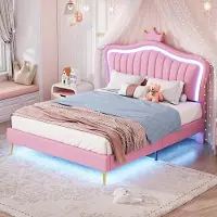 Sweiko Kinderbett Polsterbett 140x200cm Rosas Kronen-Doppelbettgestell aus Kunstleder mit LED-Leuchten