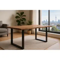 Casa Massiva Esszimmertisch 220x100 cm Laurina, Baumkantentisch aus Akazienholz, massiv + stonefarben, U-Metallgestell Schwarz, Esstisch mit echter Baumkante