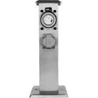 Grafner Gartensteckdose Edelstahl mit Zeitschaltuhr 2 Steckdosen, silber, klein und schmal, Energiesäule Timer Mehrfach Metall Außen Steckdose 2-Fach
