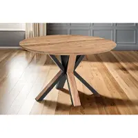 Casa Massiva Runder Esstisch 120 cm Kimberly, Akazienholz naturfarben + massiv, Esszimmertisch mit Schweizer Kante, Spider-Gestell Metall Schwarz/Holz außen, pflegeleichter Holztisch
