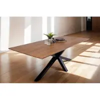 Casa Massiva Esstisch 200x100 cm Abby, Akazienholz massiv + nussbaumfarben, Esszimmertisch mit Schweizer Kante, Spider-Metallgestell Schwarz, massiver Holztisch, Tischplatte 26mm