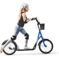 Welikera Kinderroller, Scooter mit Bremse, inkl. Korb, höhenverstellbar, für Kinder 5-12 J., blau+schwarz