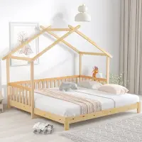 Sweiko Kinderbetten 90/180x200cm Ausziehbares Hausbett, Massivholzbett mit Fallschutz und Dach, einzeln und doppelt, naturfarben