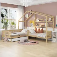 Sweiko Kinderbett 90x200cm+140x70cm Hausbett mit Schubladen und Regalen Kiefernbett mit Gitter und Lattenrost L-Struktur Natur