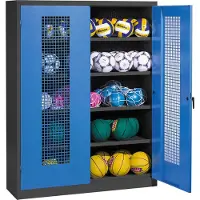 C+P Ballschrank mit Lochblech-Flügeltüren (Typ 3), HxBxT 195x150x50 cm, Enzianblau (RAL 5010), Ergo-Lock Muldengriff, Anthrazit (RAL 7021), Einzelschließung