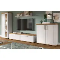 Inn.Furn Wohnwand "Mirano" in weiß Lärche und Eiche Artisan Landhaus Wohnkombination 4-teilig 336 cm, inklusive Beleuchtung