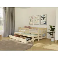 Benlemi Einzelbett FENCE 90x200 3-in-1 mit Barriere, Ausziehbett und 2 Aufbewahrungsschubladen Transparente matte Wachslasur, Mit offenem Eingang