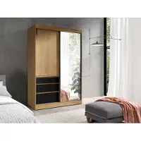 Mirjan 24 Kleiderschrank Haiti 140, Loft Schiebetürenschrank, Stilvoll Garderobenschrank (Farbe: Eiche Lefkas / Eiche Lefkas + Schwarz)