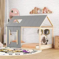 Sweiko 90 x 200 Kinderbett, Kinderbett in Hausform, Einzelhaus-Flachbett mit Dach und Fenster, Natur + Grau