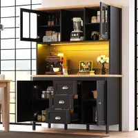 OKWISH LED-Hochschrank Buffetschrank mit vier Schranktüren,Seitenschrank mit drei Schubladen,Küchenschrank Aufbewahrungsschrank mit offenen Regalbereich,schwarz