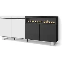 Skraut Home Sideboard, Highboard, 200x35x87cm, 4 Türen, Elektrokamin. Industriedesign, Weiß und Schwarz