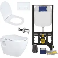 Creavit Hänge WC Set Weiß spülrandlos mit Edelstahl Bidet, Softclose WC Sitz und 3/6 L Vorwandelement Unterputz Komplettset