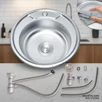 Melko Runde Einbauspüle Edelstahl 50 cm mit Ablage, Siphon & Ablaufgarnitur
