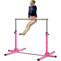 HOMCOM Gymnastik-Turnreck, 13-stufig höhenverstellbar Reckstange, Reck Turnstange aus Holz & stabile Stahlkonstruktion bis 75 kg belastbar, für 3+ Kinder, Indoor, Outdoor, Rosa